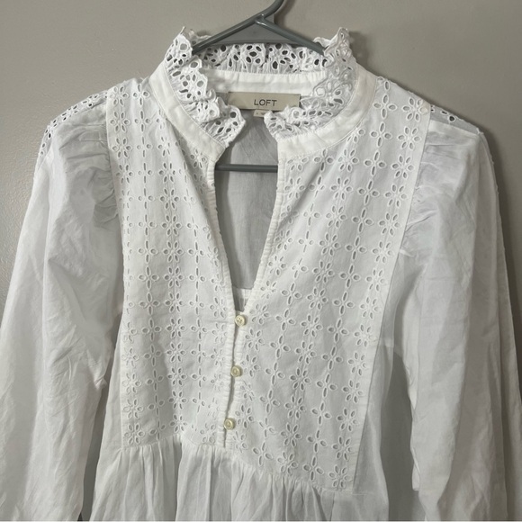NWOT LOFT White Eyelet Ruffle Blouse Large Cotton Long Sleeve Cottagecore Chic - Picture 5 of 15